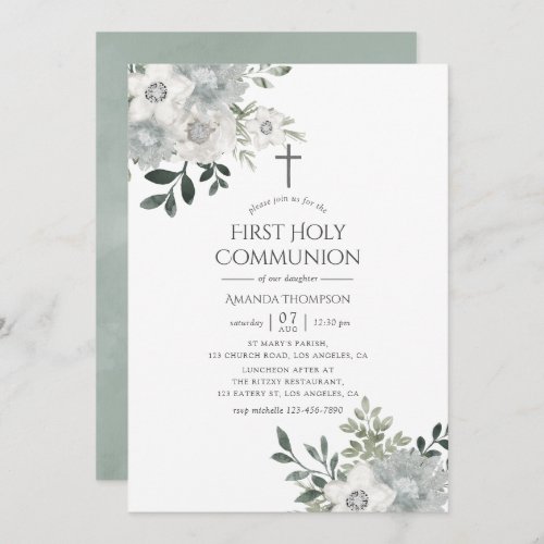 Watercolor Silver Sage Floral First Holy Communion Invitation