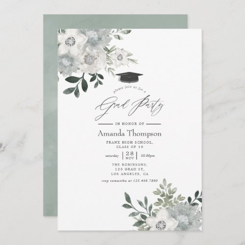 Watercolor Silver Sage Floral Graduation Party Invitation