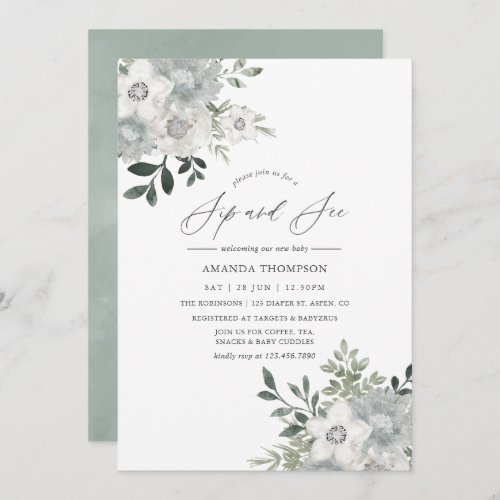 Watercolor Silver Sage Floral Sip and See Invitation
