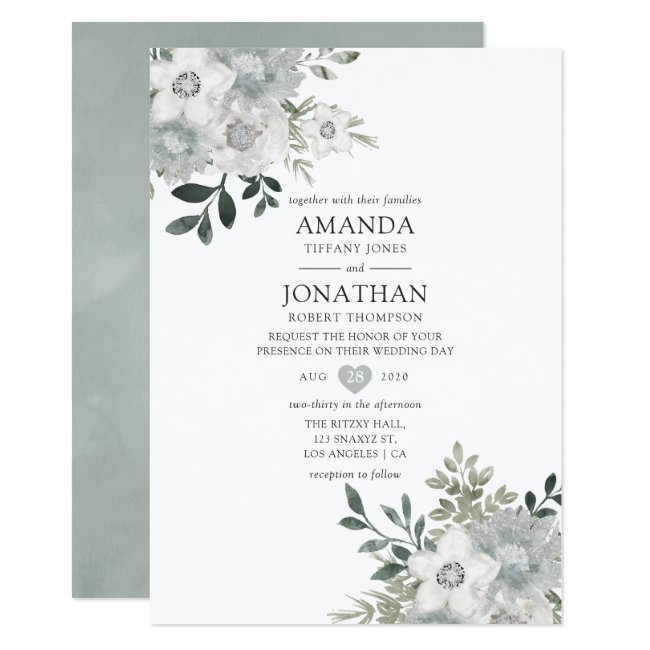 Watercolor Silver Sage Floral Wedding Invitation