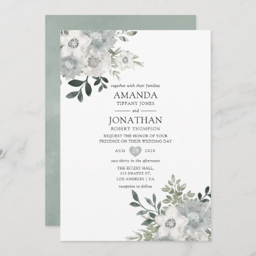 Watercolor Silver Sage Floral Wedding Invitation