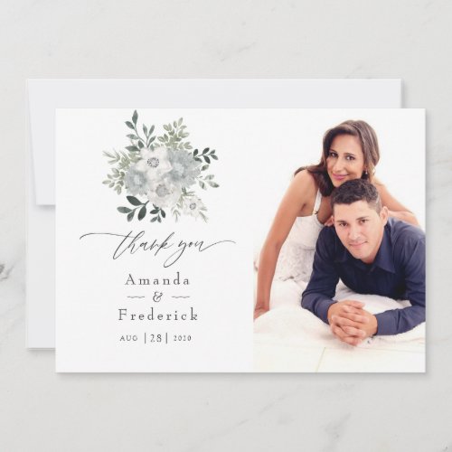 Watercolor Silver Sage Floral Wedding Photo Thank You Card