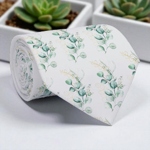Watercolor Silver Sage Green Eucalyptus Greenery Neck Tie