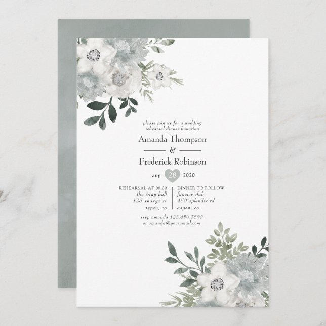 Watercolor Silver Sage Rehearsal Dinner Invitation (Front/Back)