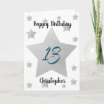 Watercolor Silver Stars 13th Birthday Card<br><div class="desc">Personalized silver watercolor stars 13th birthday card for him. The front features watercolor grey stars and a place for you to personalize with the birthday recipient's name. The inside card message can be easily personalized and the back with the year. This stars personalized 13th birthday card would make a unique...</div>