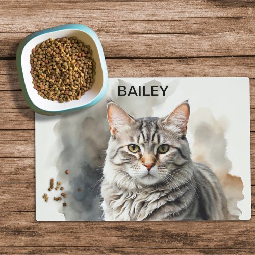 Watercolor Silver Tabby Custom Cat Food Mat