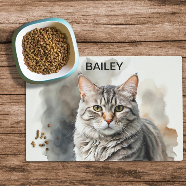 Watercolor Silver Tabby Custom Cat Food Mat (Creator Uploaded)