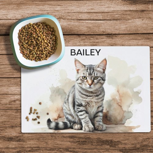 Watercolor Silver Tabby Custom Cat Food Mat