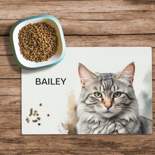 Watercolor Silver Tabby Custom Cat Food Mat