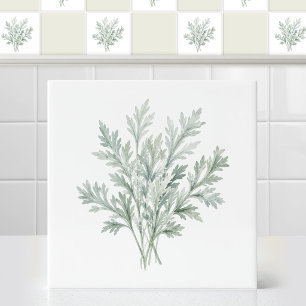 Watercolor Silvery Green Wormwood Leaves Bouquet Ceramic Tile