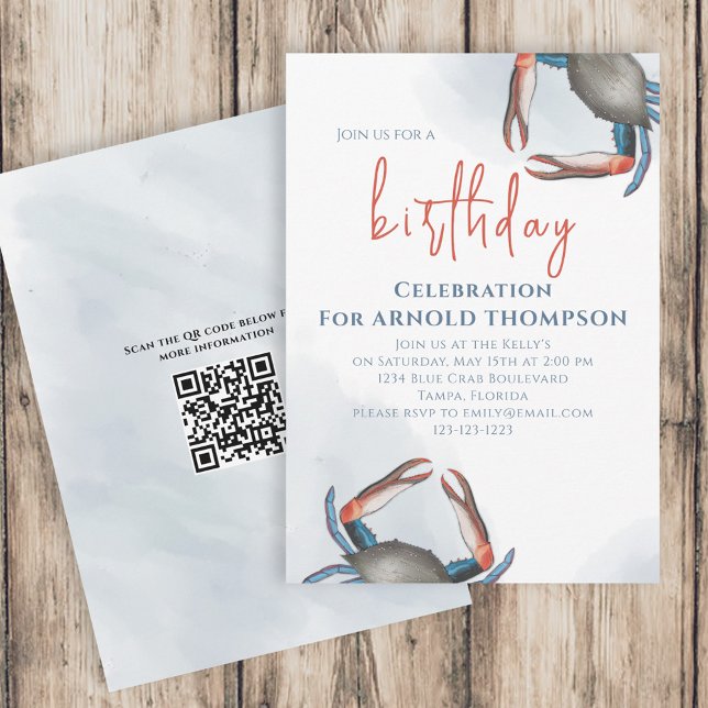 Watercolor Simple Birthday Blue Crab Ocean QR Code Invitation (Creator Uploaded)