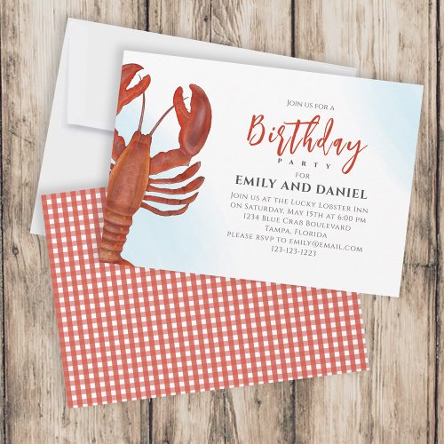 Watercolor Simple Birthday Red Lobster Coastal Invitation