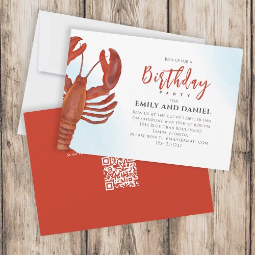 Watercolor Simple Birthday Red Lobster QR Code  Invitation