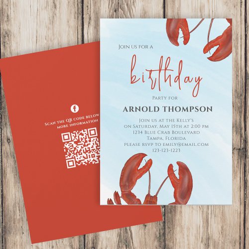 Watercolor Simple Birthday Red Lobster QR Code  Invitation