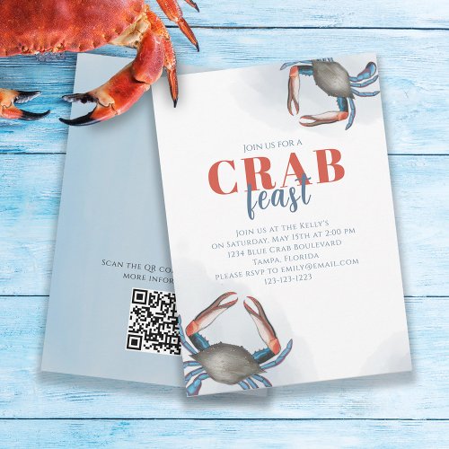 Watercolor Simple Blue Crab Feast Party QR Code Invitation