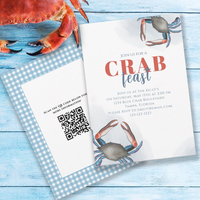 Watercolor Simple Blue Crab Feast Party QR Code Invitation (Creator Uploaded)