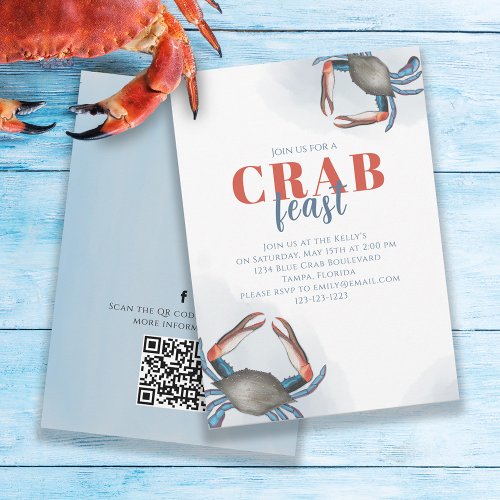 Watercolor Simple Blue Crab QR Code Social Media Invitation