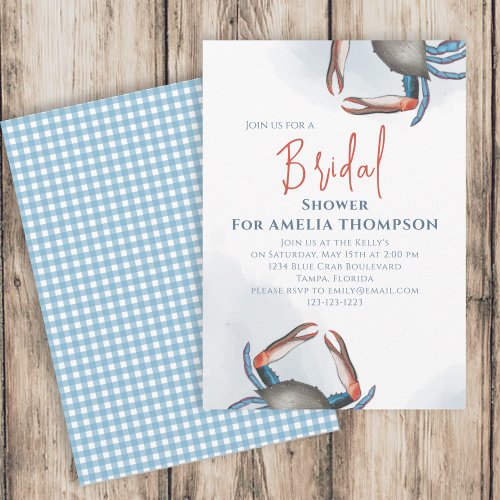 Watercolor Simple Bridal Shower Blue Crab QR Code Invitation