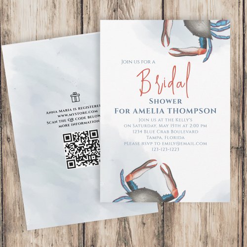 Watercolor Simple Bridal Shower Blue Crab QR Code Invitation