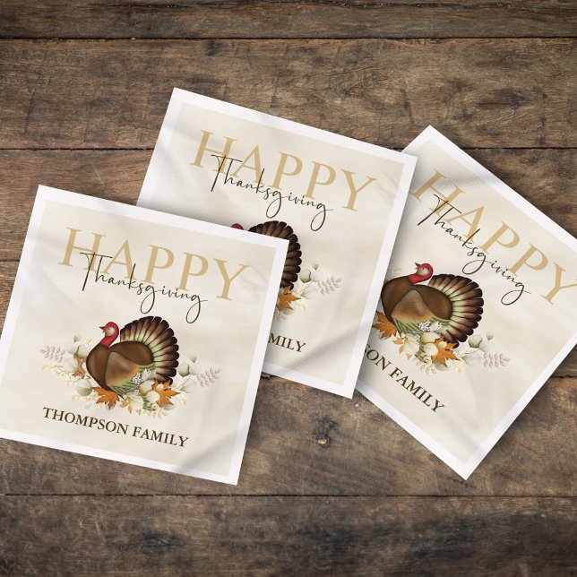 Watercolor Simple Happy Thanksgiving Simple Turkey Napkins (Happy Thanksgiving Fall Autumn Paper Napkins. )