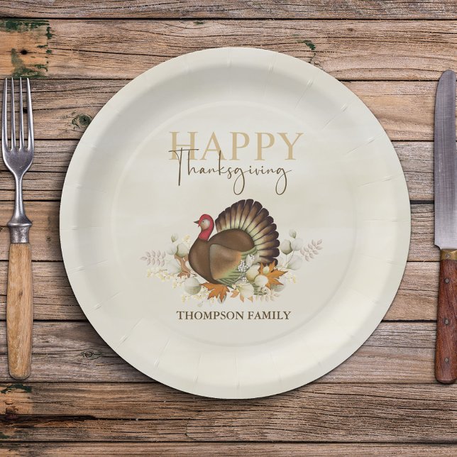 Watercolor Simple Happy Thanksgiving Simple Turkey Paper Plates (Happy Thanksgiving custom paper plate with turkey and greenery. )