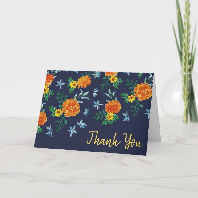 Watercolor Simple Marigold Flowers Midnight Blue Thank You Card (Front)