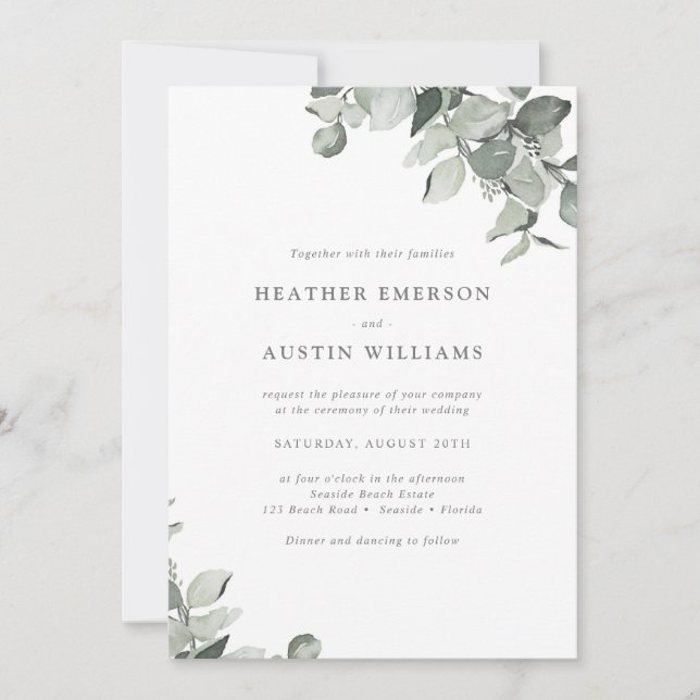 Watercolor Simple Modern Eucalyptus Wedding Invitation (Front)
