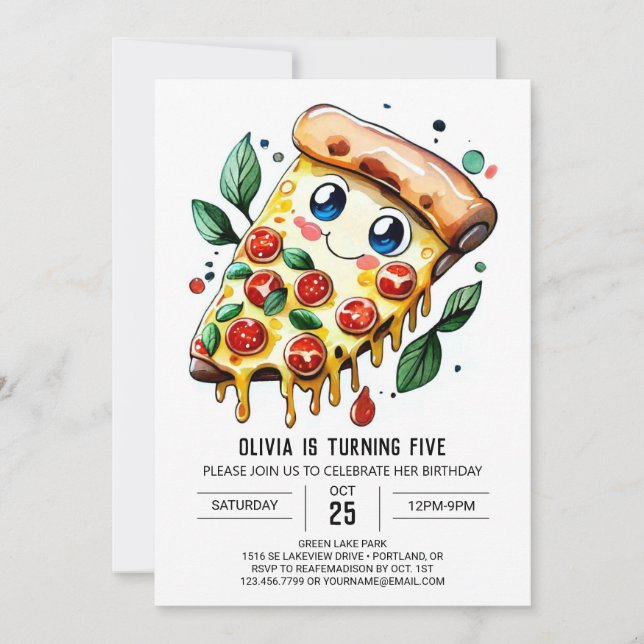 Watercolor Simple Pizza Birthday Invitation (Front)