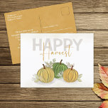 Watercolor Simple Pumpkin Gourd Happy Harvest Postcard<br><div class="desc">This design features fall autumn pumpkin gourd leaves, botanical greenery fall foliage, fall festival harvest celebration, elegant rustic fall harvest party, elegant calligraphy script, watercolor pumpkins gourd greenery, botanical garden autumn harvest, simple classy typography, fall autumn gathering celebration, rustic country minimalist minimal a budget-friendly postcard. A thanksgiving happy harvest greeting....</div>