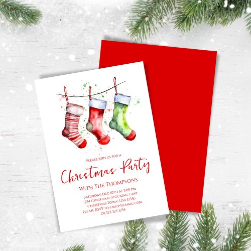 Watercolor Simple Stockings Christmas Party Invitation