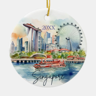Watercolor Singapore Dated  Ceramic Ornament