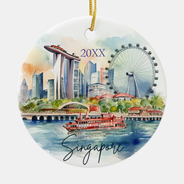 Watercolor Singapore Dated  Ceramic Ornament (Front)