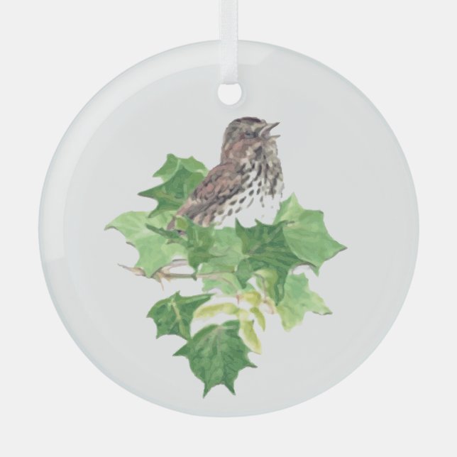 Watercolor Singing Sparrow Bird Nature Art Glass Ornament (Front)