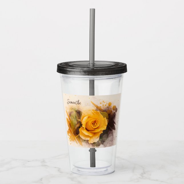 Watercolor Single Yellow Rose Acrylic Tumbler (Front)