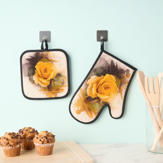 Watercolor Single Yellow Rose Oven Mitt & Pot Holder Set (Insitu(Hanging))