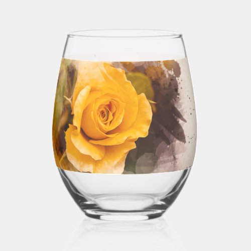 Watercolor Single Yellow Rose Stemless Wine Glass