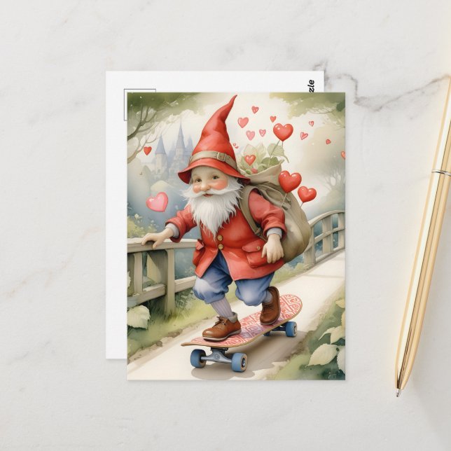 Watercolor Skateboarding Valentine Gnome Postcard (Front/Back In Situ)