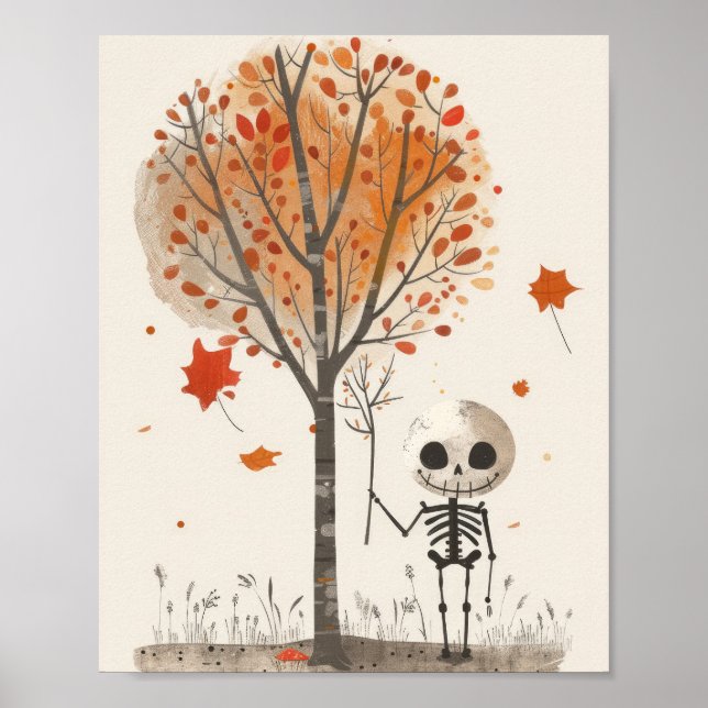 Watercolor Skeleton Fall Leaves Cute Halloween Poster (Front)