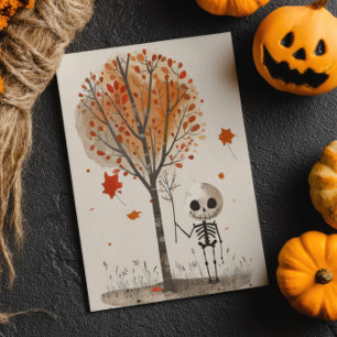 Watercolor Skeleton with Fall Tree Cute Halloween Postcard