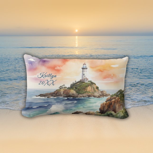 Watercolor Sketch Byron Bay Lighthouse Monogram | Lumbar Pillow (Creator Uploaded)