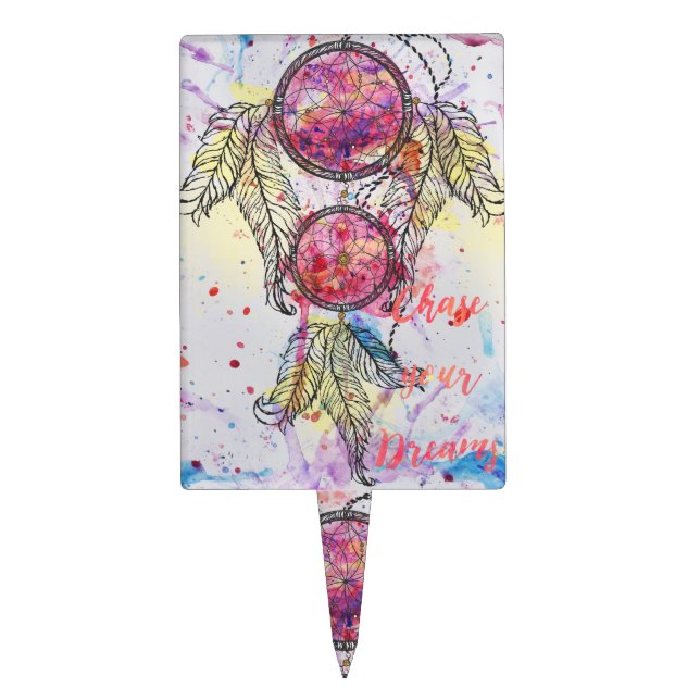 Watercolor sketch Dreamcatcher “Chase your Dreams” Cake Topper (Front)