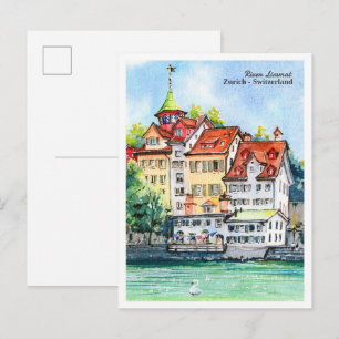 Watercolor sketch of river Limmat Zurich  Postcard