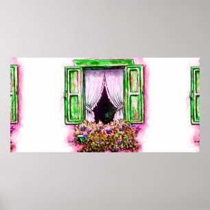 Watercolor sketch traditional old fashioned window poster