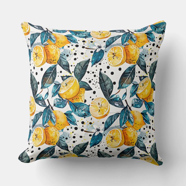 watercolor sketched detailed of blue leaves, lemon throw pillow (Front)