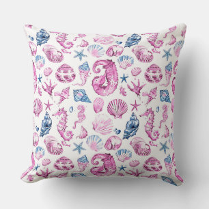 Watercolor sketched detailed of blue shells of var throw pillow