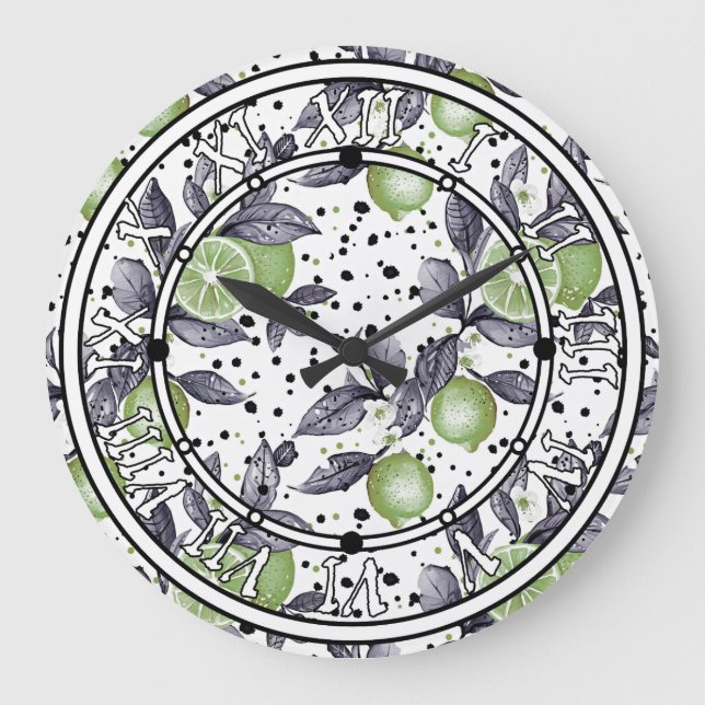 watercolor sketched detailed of green leaves, lime large clock (Front)