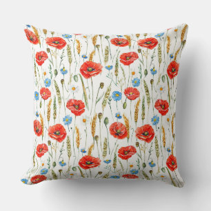 Watercolor sketched pattern of Red poppy flowers, Throw Pillow