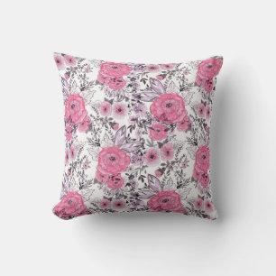 Watercolor sketched pink flowers light white backg throw pillow