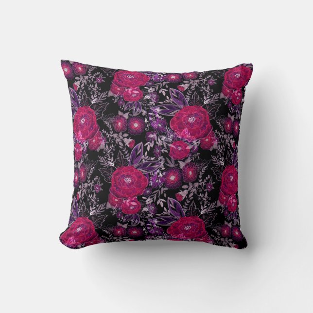 Watercolor sketched purple flowers dark black back throw pillow (Front)