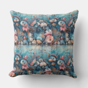 Watercolor sketched surreal monster fish, fairy cr outdoor pillow
